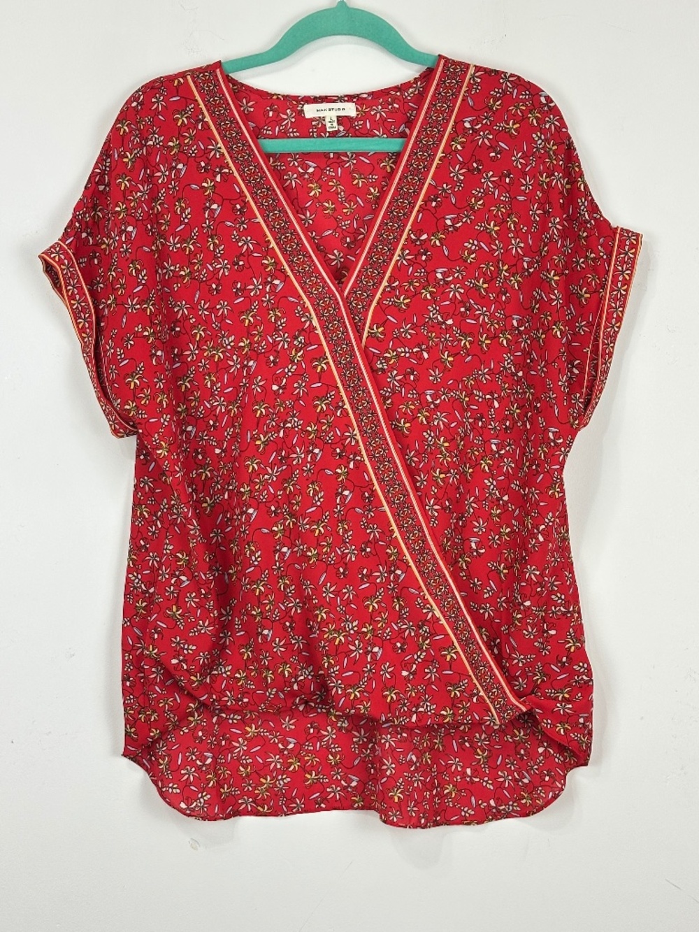 Max Studio Womens Faux Wrap Red Floral Cap Sleeve Top L Boho Hi/Low